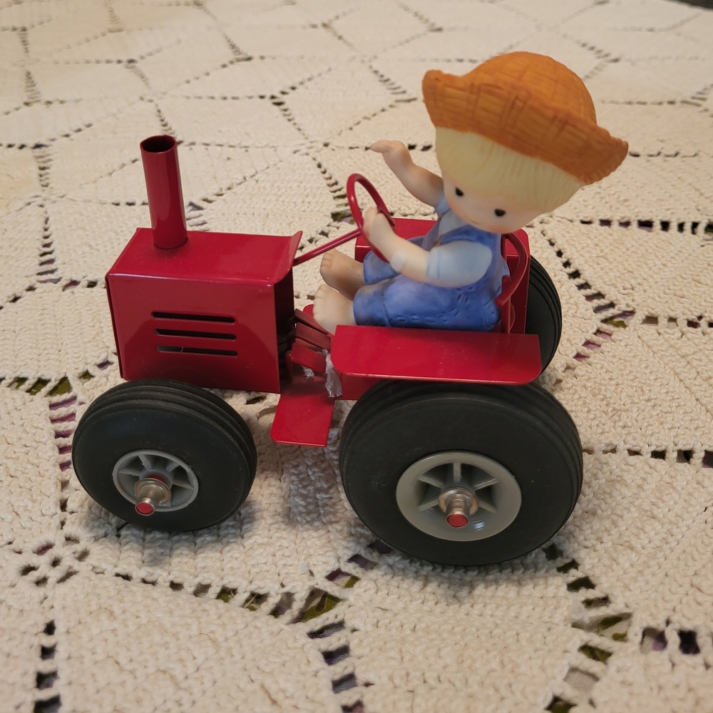 Vintage Enesco Country Cousins Figurine On Red Tractor